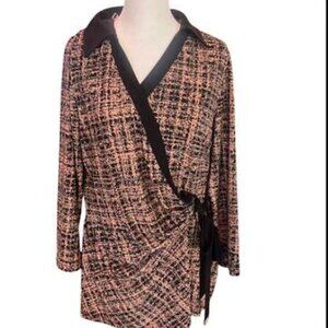 NWT Anne Klein Faux Wrap Top L Black Vicuna Multi V-Neck 3/4 Sleeve Knit